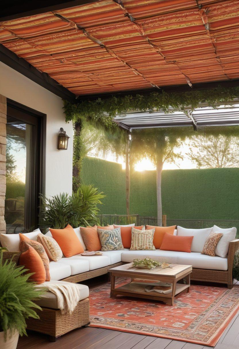 A beautiful outdoor setting showcasing a stylish deck cover elegantly shading a comfortable seating area, alongside custom awnings that feature vibrant fabrics and intricate patterns. Include lush greenery and a warm sunset in the background to enhance the ambiance, emphasizing a cozy and inviting atmosphere. super-realistic. vibrant colors. natural setting.
