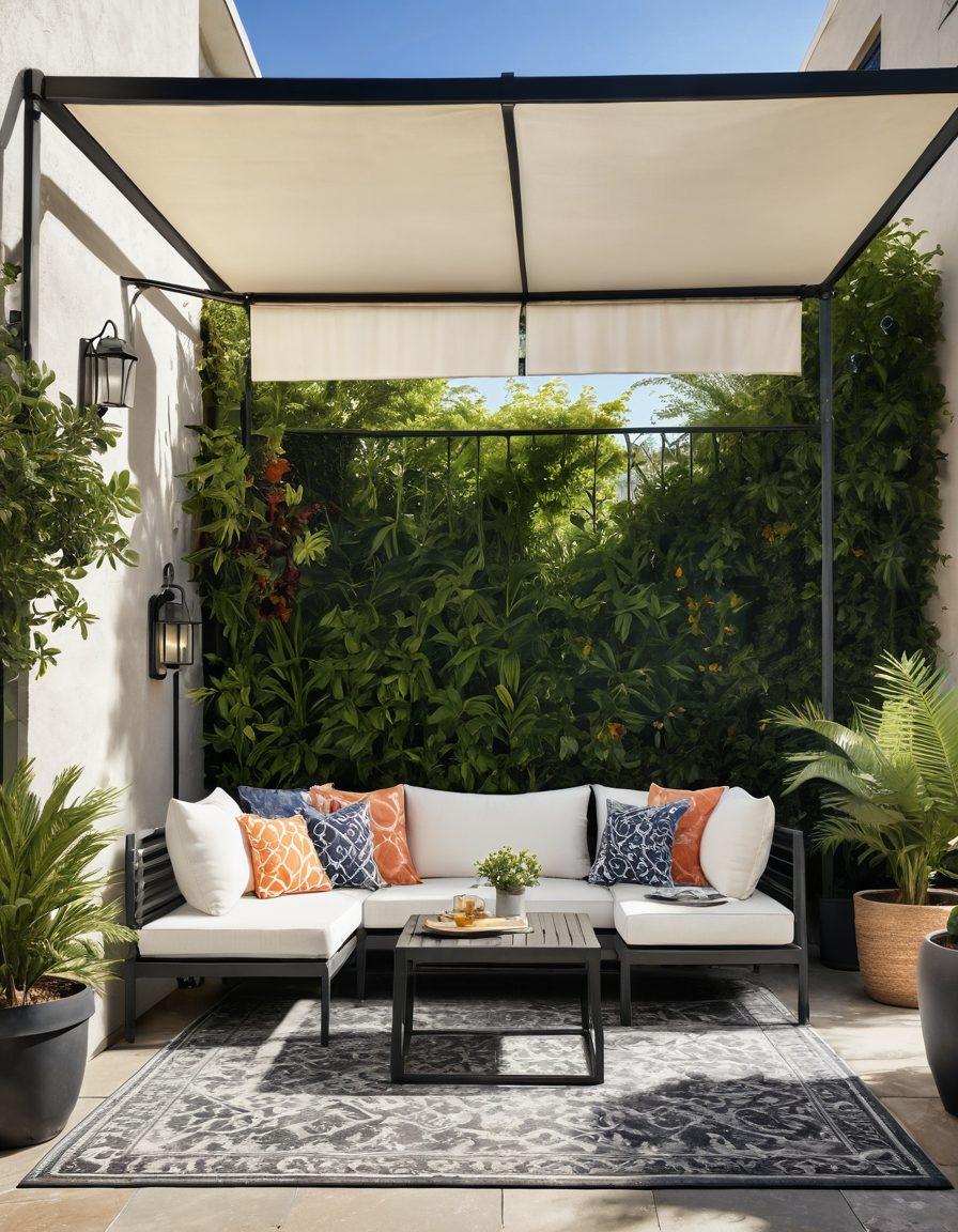 A modern patio setting featuring a stylish canopy that blends aesthetics with functionality. Include vibrant potted plants, cozy patio furniture, and sunlight filtering through the canopy. Add a hint of elegance with decorative cushions and an outdoor rug. Convey a sense of protection from elements while showcasing chic style. super-realistic. vibrant colors.