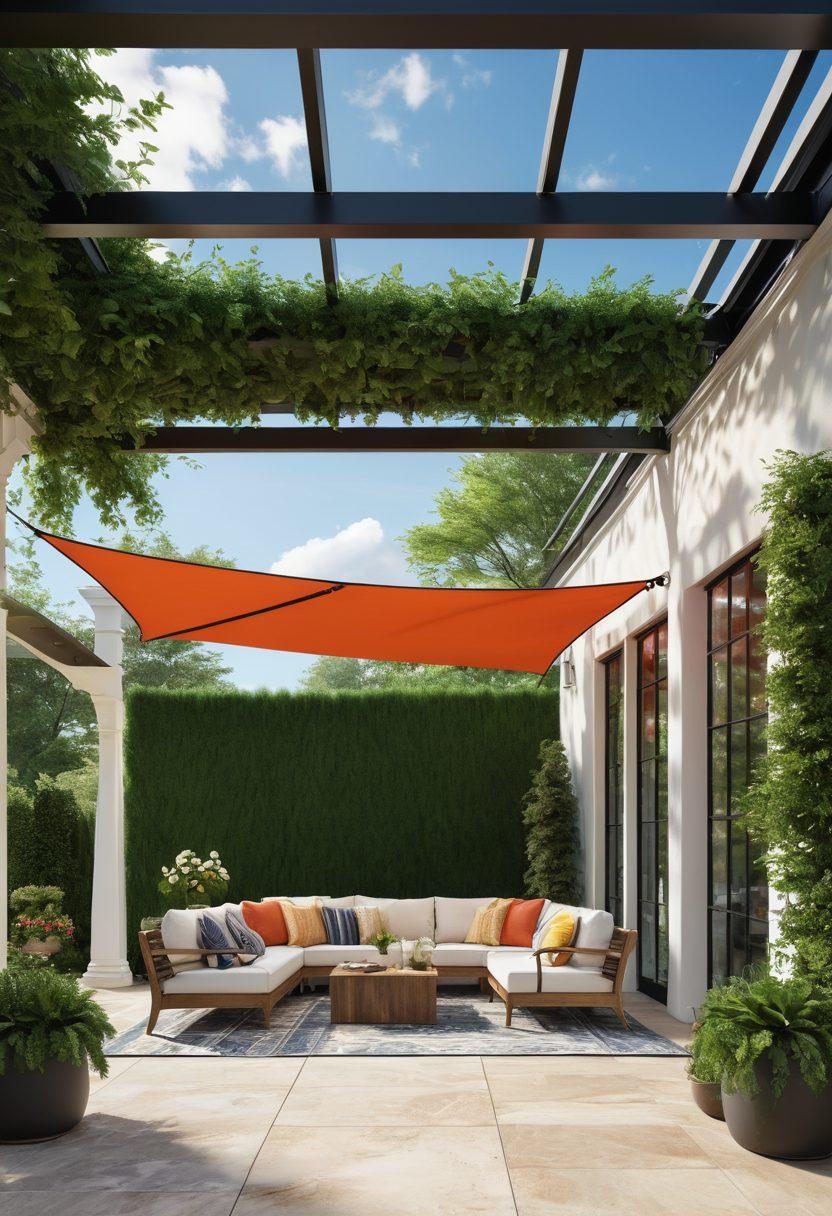 A beautifully designed outdoor space featuring a variety of stylish canopies in vibrant colors, showcasing both elegance and functionality. Include elements such as lush greenery, comfortable outdoor furniture, and details of UV protection offered by the canopies. The scene should be well-lit, depicting a sunny day with clear skies to highlight the benefits of outdoor living. super-realistic. vibrant colors. natural setting.